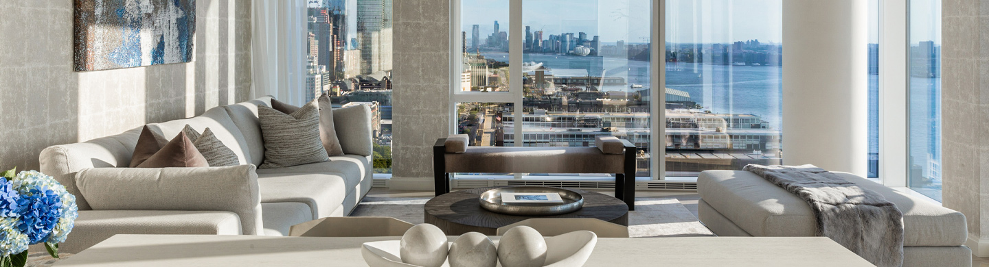condominium living area with river views