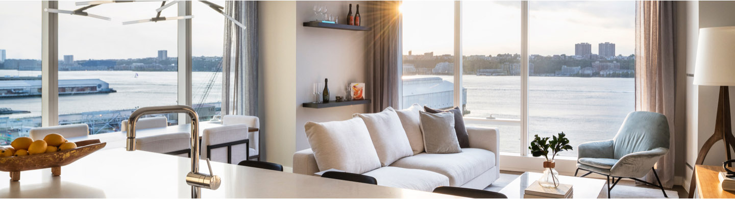 waterline square rental living area with river views