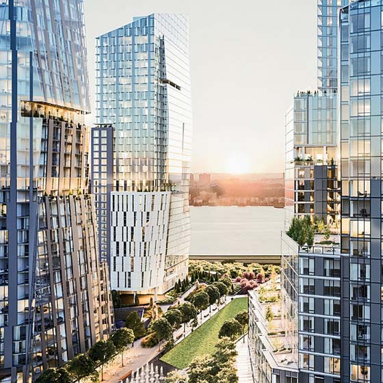 aerial view of waterline square buildings and park