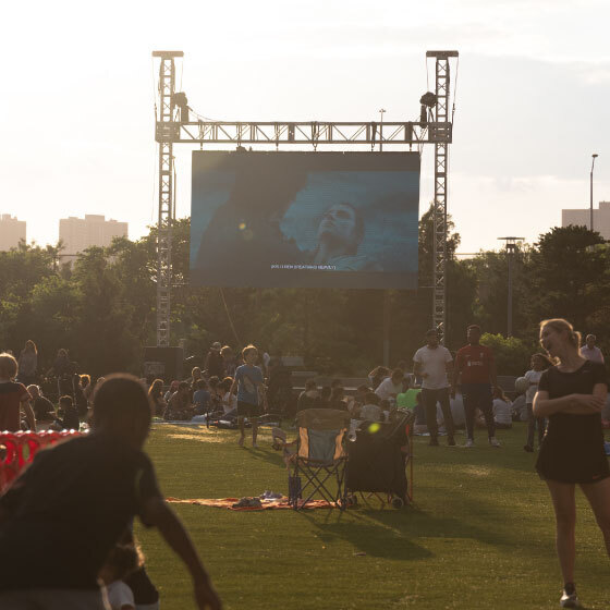 Summer evening at an outdoor movie screening in the park.