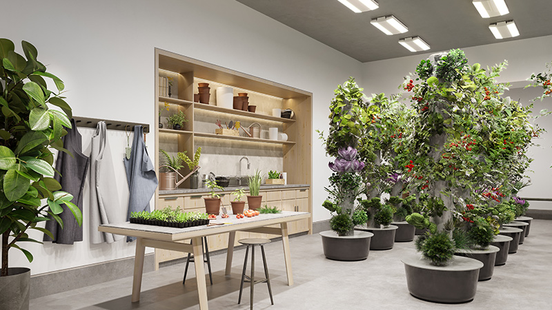 Modern retail space fusing fashion and nature, with apparel displayed alongside lush indoor plants and greenery.