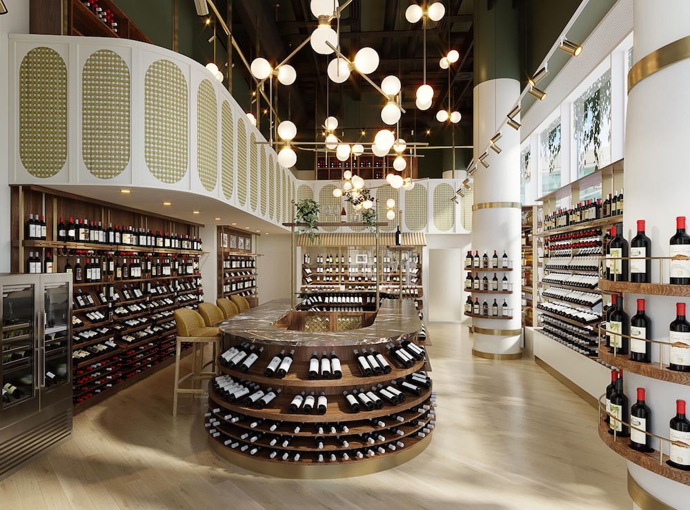 An elegant wine shop with an array of wines displayed on circular wooden shelving, surrounded by a sophisticated interior design featuring gold accents and hanging globe lights, creating a warm and inviting atmosphere for oenophiles.