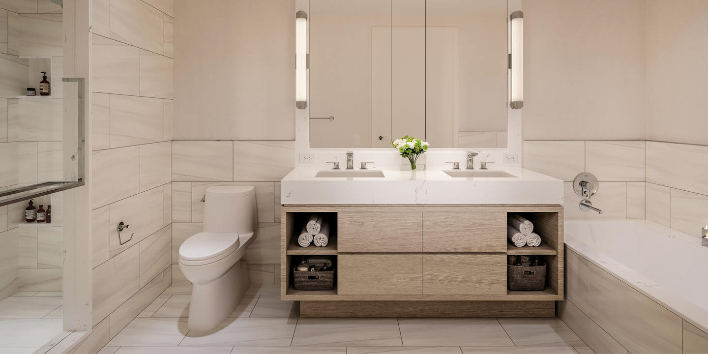 Modern and elegant bathroom interior with clean lines, featuring a double sink vanity with mirrors, a toilet, and a bathtub, accented with fresh flowers and neatly folded towels for a touch of sophistication.
